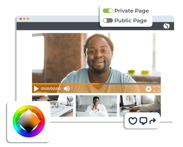 Video gallery on Cincopa’s dedicated landing page with private and public toggles and a color wheel