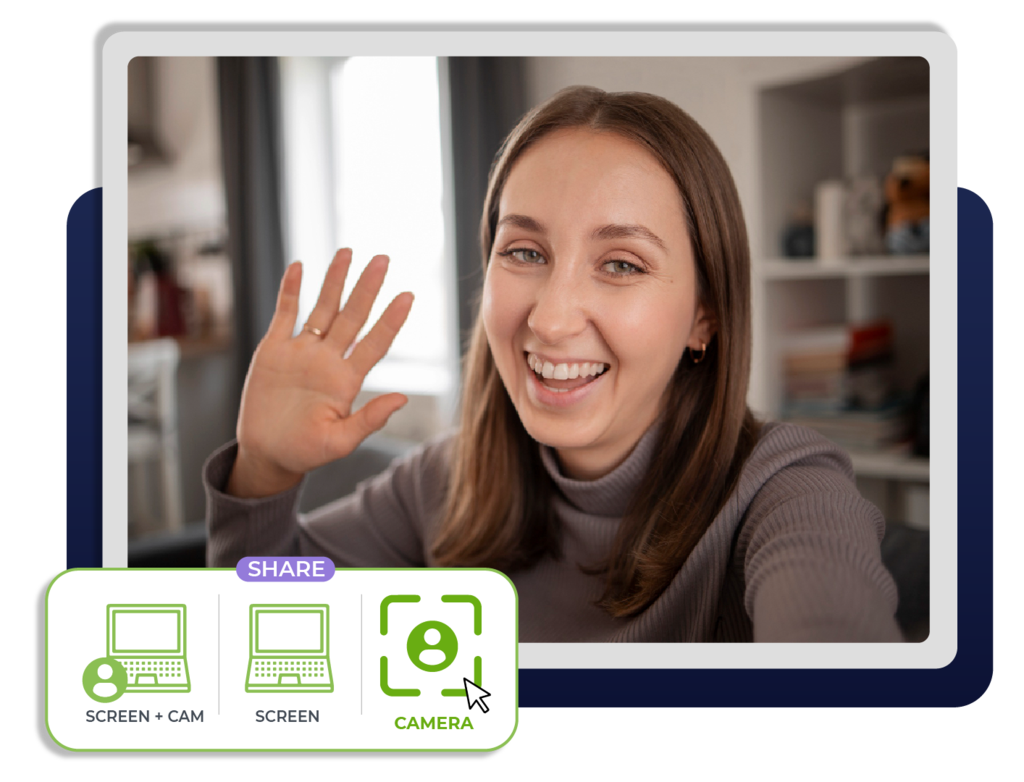 A woman smiling into the webcam with options to record camera, screen or both